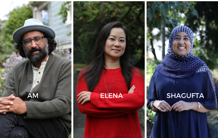 A triptych of a man in a grey sweater, a woman in a red sweater and a woman in a navy dress and hijab with the text "Am Elena Shagufta" divided between the three respectively.